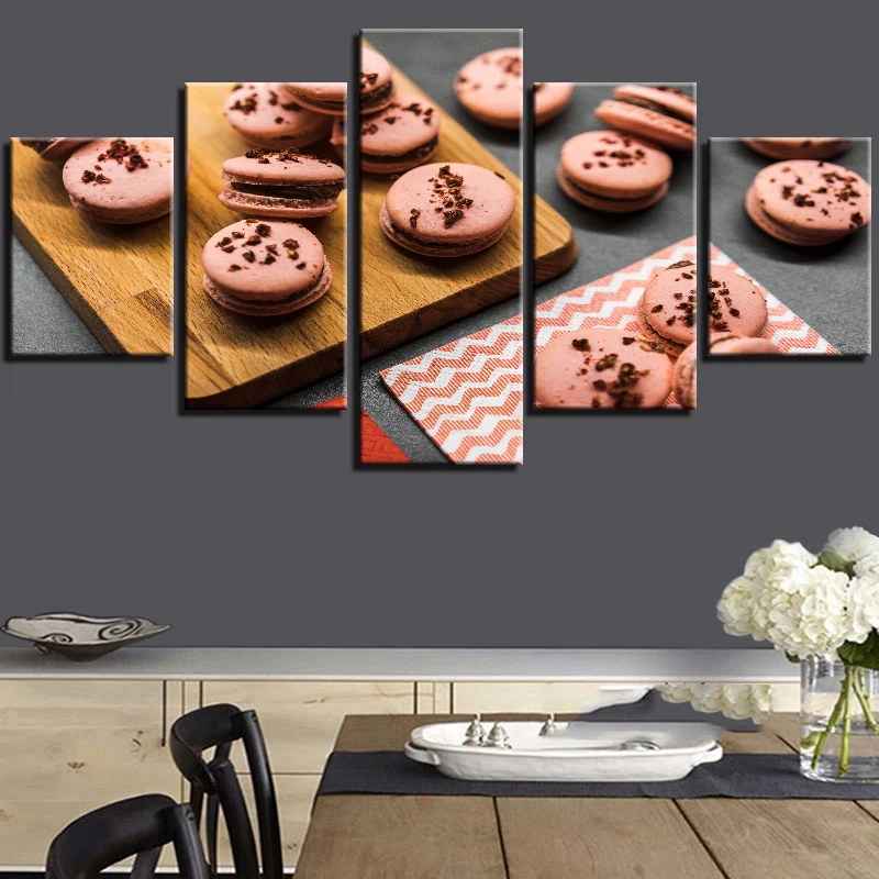 

Home Decor Painting Wall Art Restaurant Kitchen Posters Pink Macarons Dessert Picture 5 Pieces Food And Drinks HD Printed Canvas