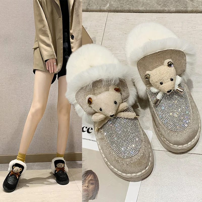 W Осенне зимняя обувь в стиле Дикая мода круглый носок Зимние сапоги Стразы с