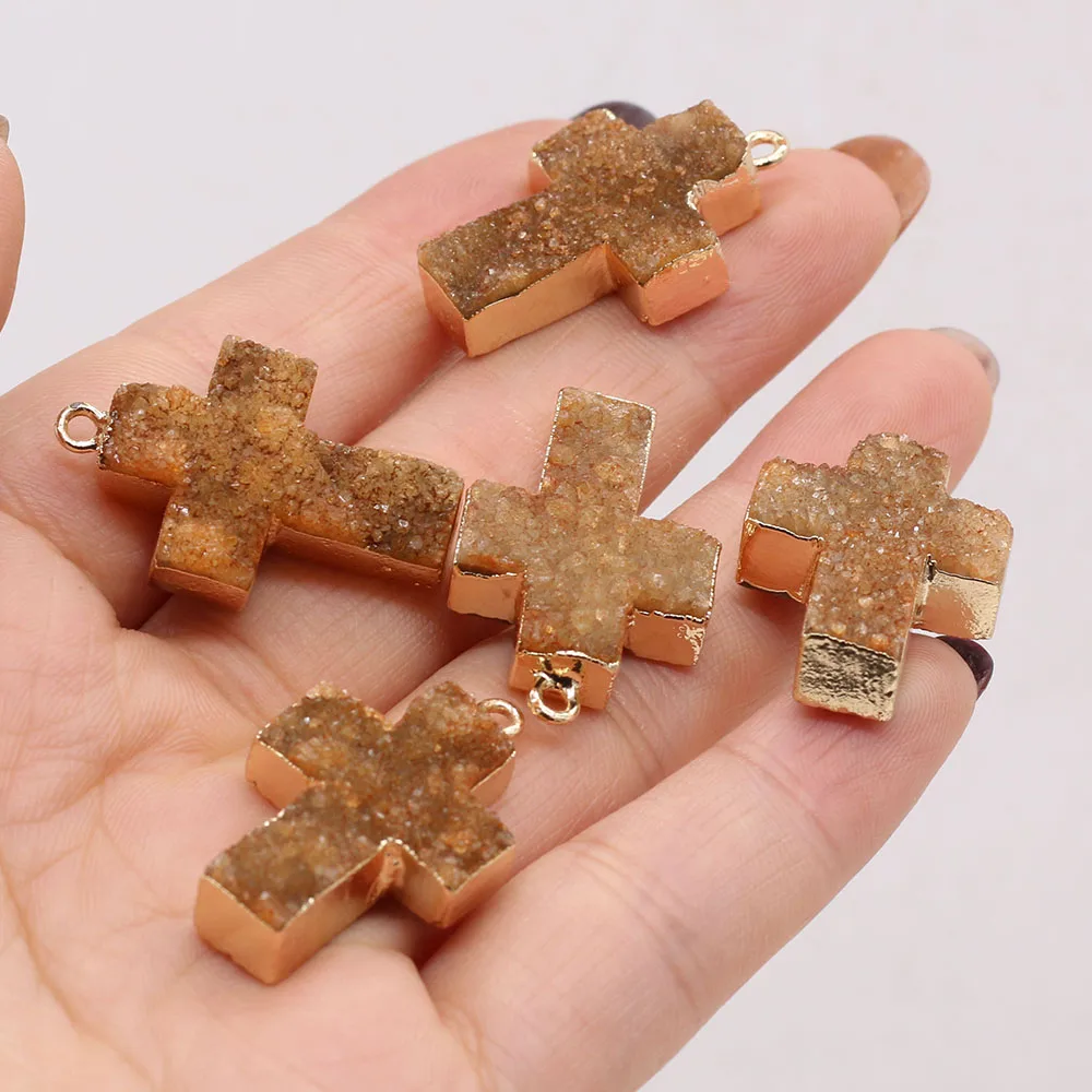 

2pc Natural Stone Agates Druzy Pendants Cross Shape Druzy Crystal for Jewelry Making Diy Women Necklace Earring Accessories