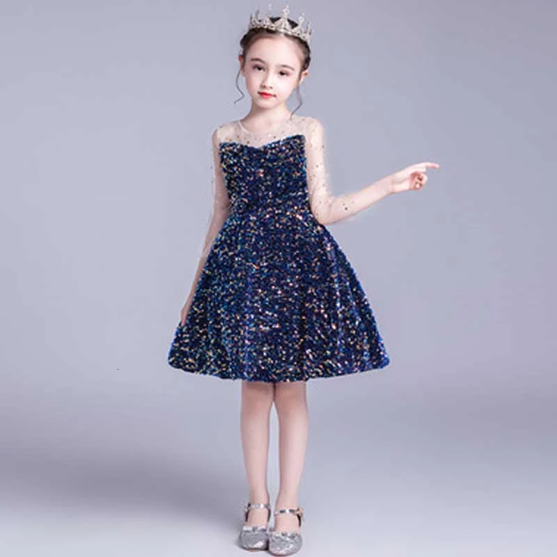 

Blue Sequin Chinese New Year Dress Flower Girl Robe Chinoise Baby Cheongsam Oriental Style Party Dresses Elegant Evening Gown