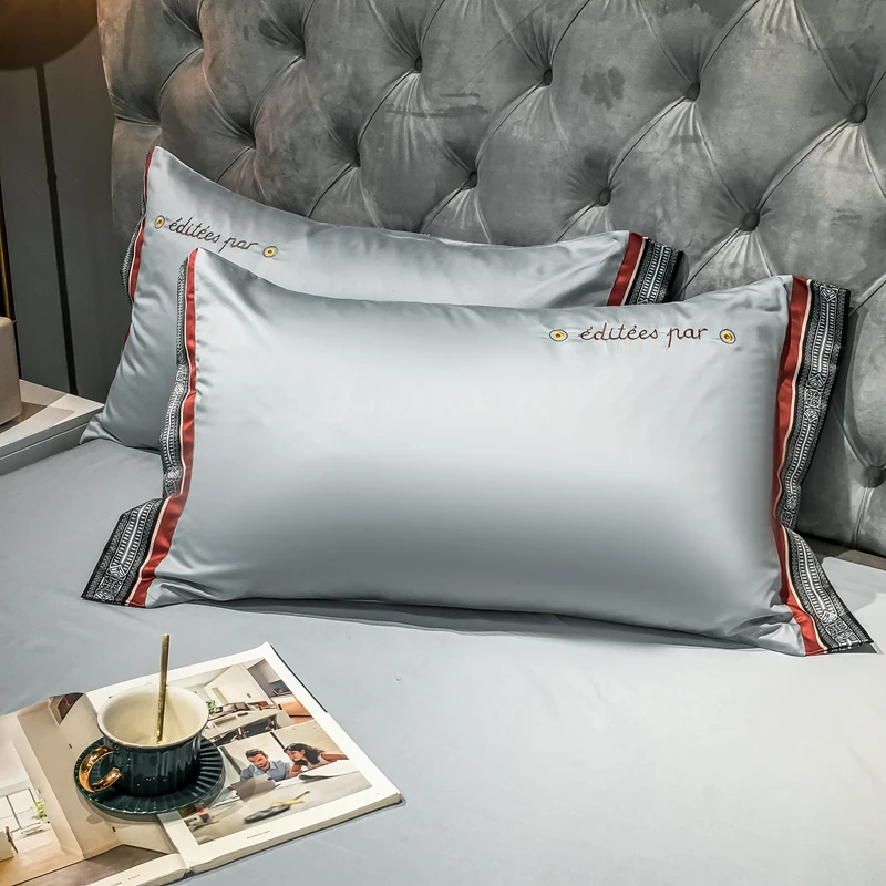 

OLOEY Luxury Cotton satin bedding set embroidered Silky quilt cover soft duvet cover flat/fitted bed sheet pillowcases