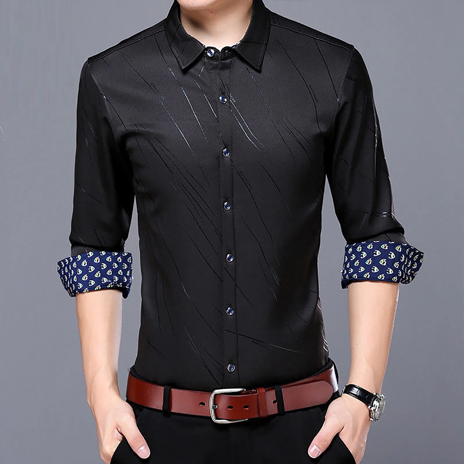 

Fashion Men Long Sleeve Turn Down Collar Letters/Stripes Print Buttons Shirt Top