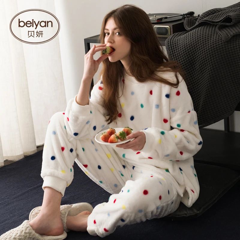 Зимняя флисовая Пижама кораллового цвета Женский уличный теплый домашний