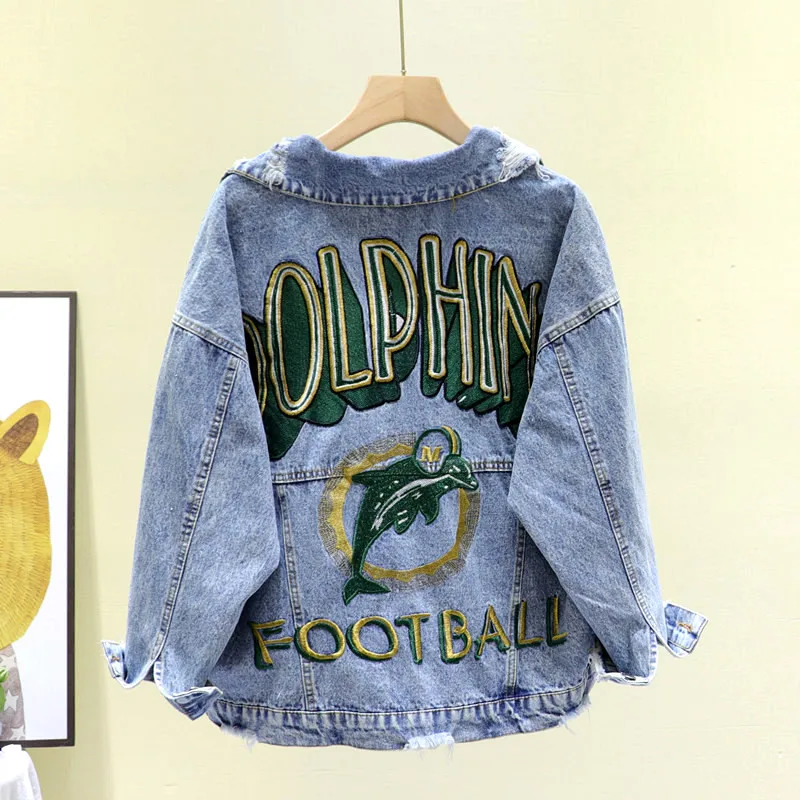 

Женская джинсовая куртка с вышивкой в стиле хип-хоп