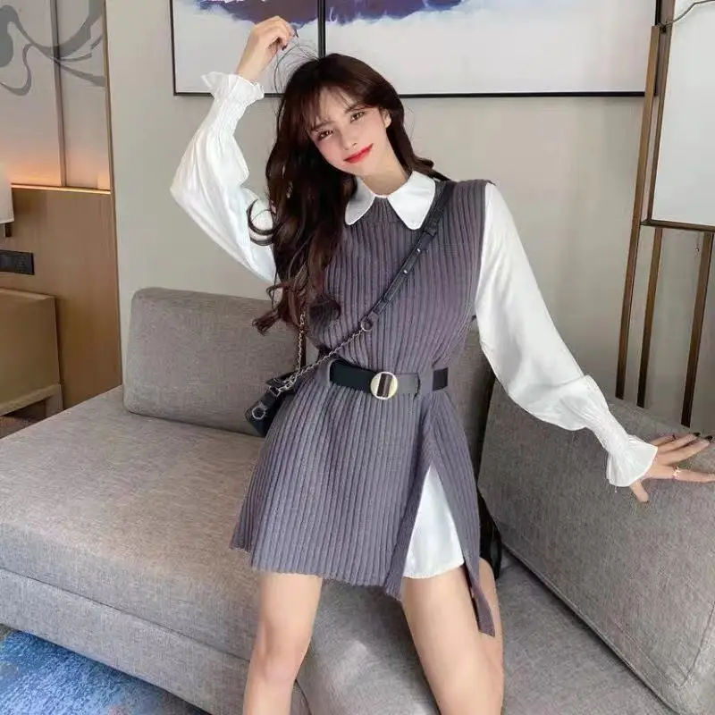 

Long lantern sleeve shirt women knitted vest 2 two piece set 2021 spring autumn womens Shirts sets Sleeveless Sweater tops