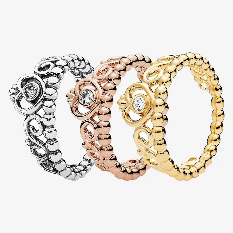 

925 Sterling Silver Ring Princess Crown with Crystal Ring Ladies Wedding Party Original Pandora Charm Jewelry Christmas Gift