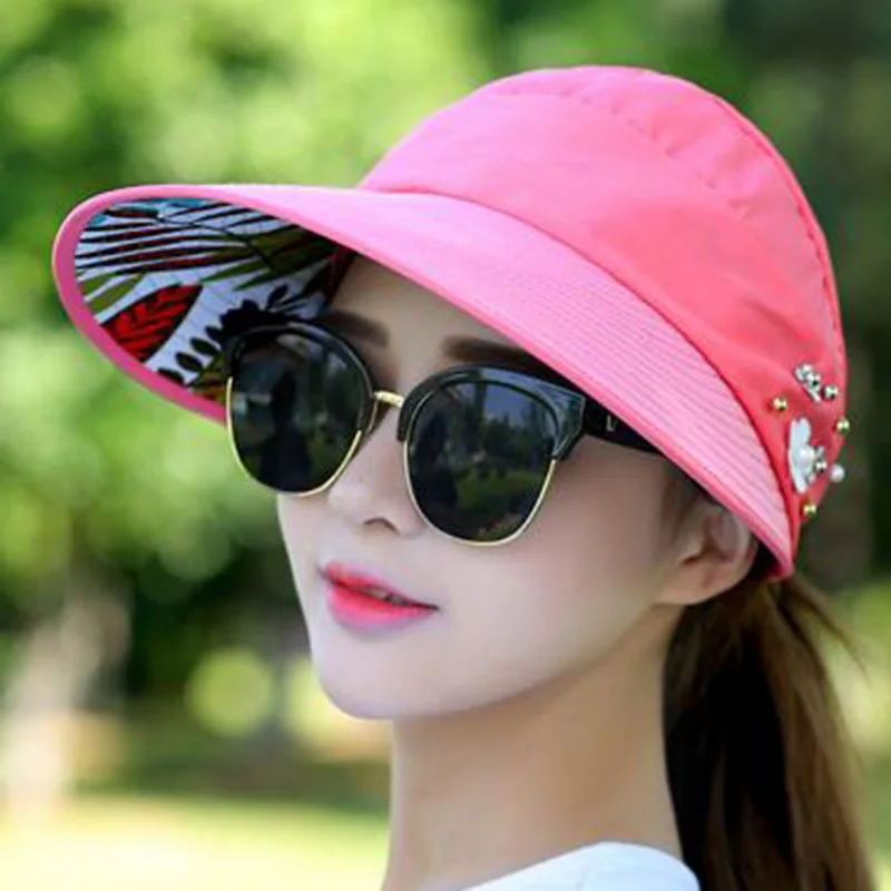 

Dihope New Arrival UV Protection Women Summer Beach Sun Hats Pearl Packable Sun Visor Hat With Big Heads Wide Brim Female Cap