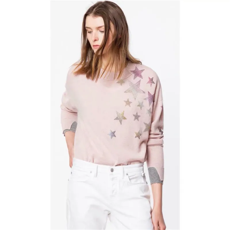 Женский трикотажный пуловер со звездами и стразами кашемировый джемпер с