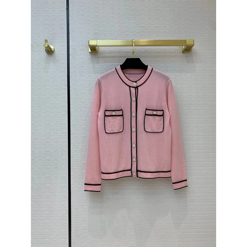 

Quality 11.16 High End Autumn Winter New Temperament Fashion Pink Contrast Color Cashmere Knit Cardigan Women Elegant Sweater
