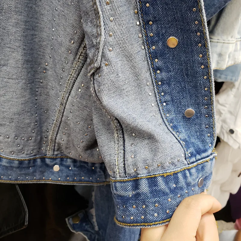 

Harajuku Denim Jacket Coat Women Hand Beaded Rivet Short Jean Jackets Spring Autumn New Basic Coat Korean Loose Outerwear Female