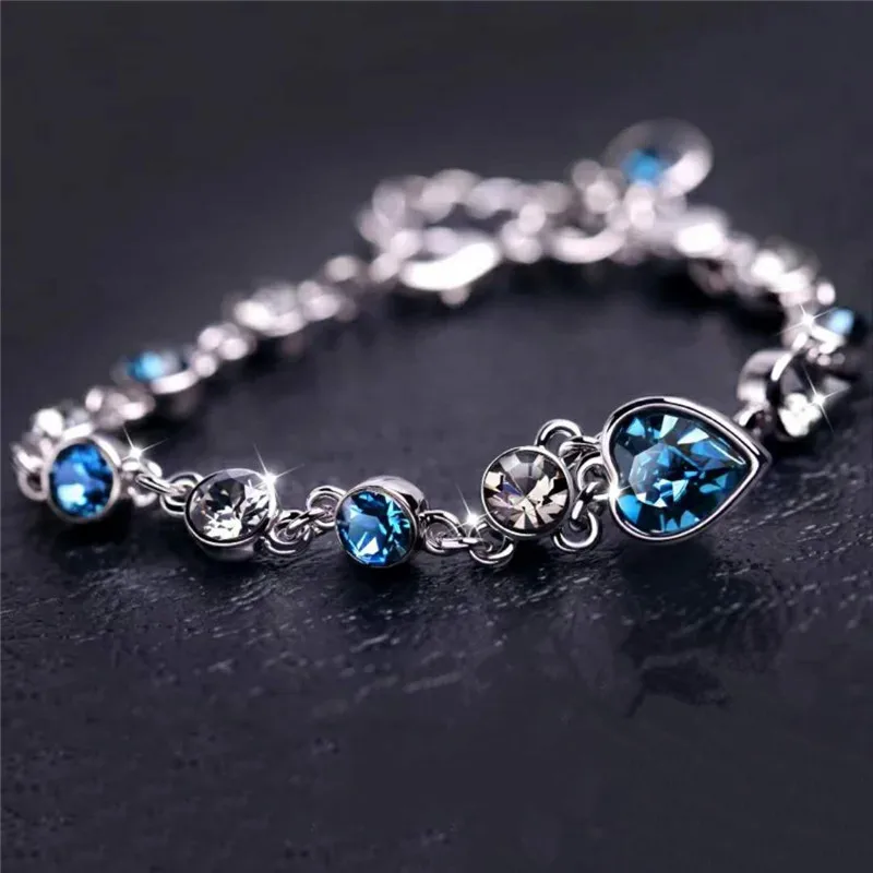 

Dainty Female Love Heart Jewelry Charm Silver Color Chain Bracelets For Women Luxury Blue Crystal Wedding Valentines Day Gift