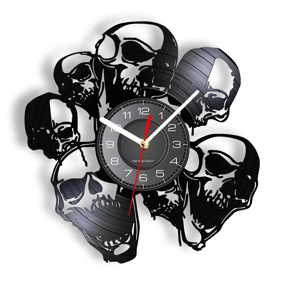Skull Heads Vintage Vinyl Record Album Retro Wall Clock Horror Halloween Skeletons Art Home Decor Silent Movement Wall Watch