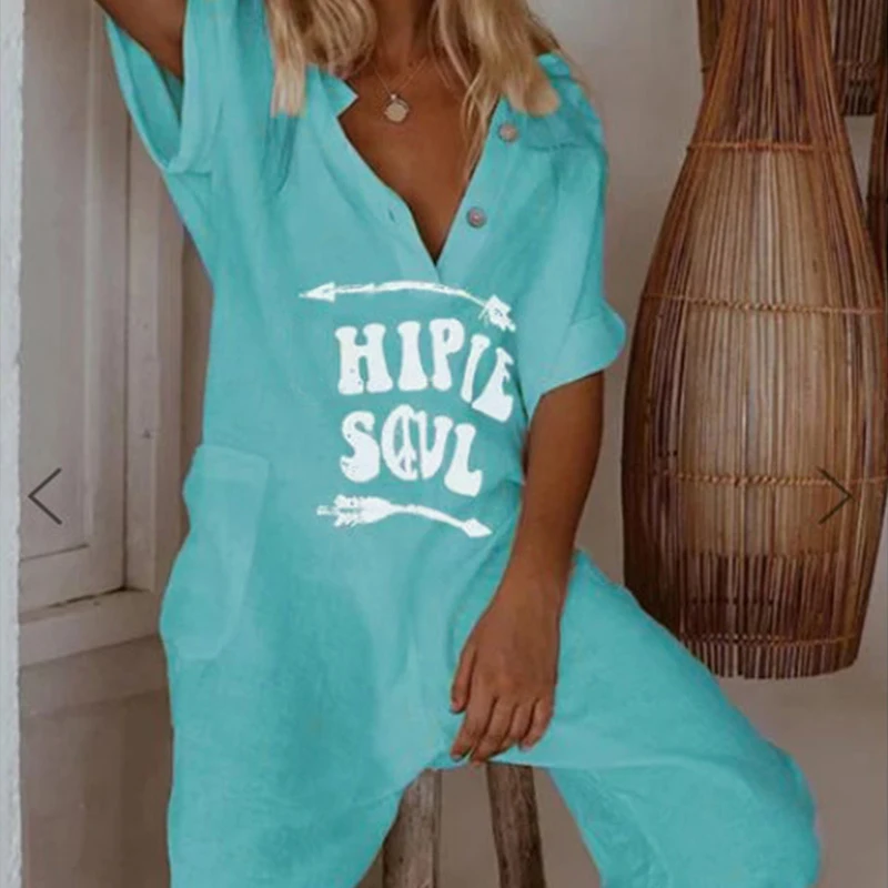 Женский комбинезон с широкими штанинами и v образным вырезом на лето уличная