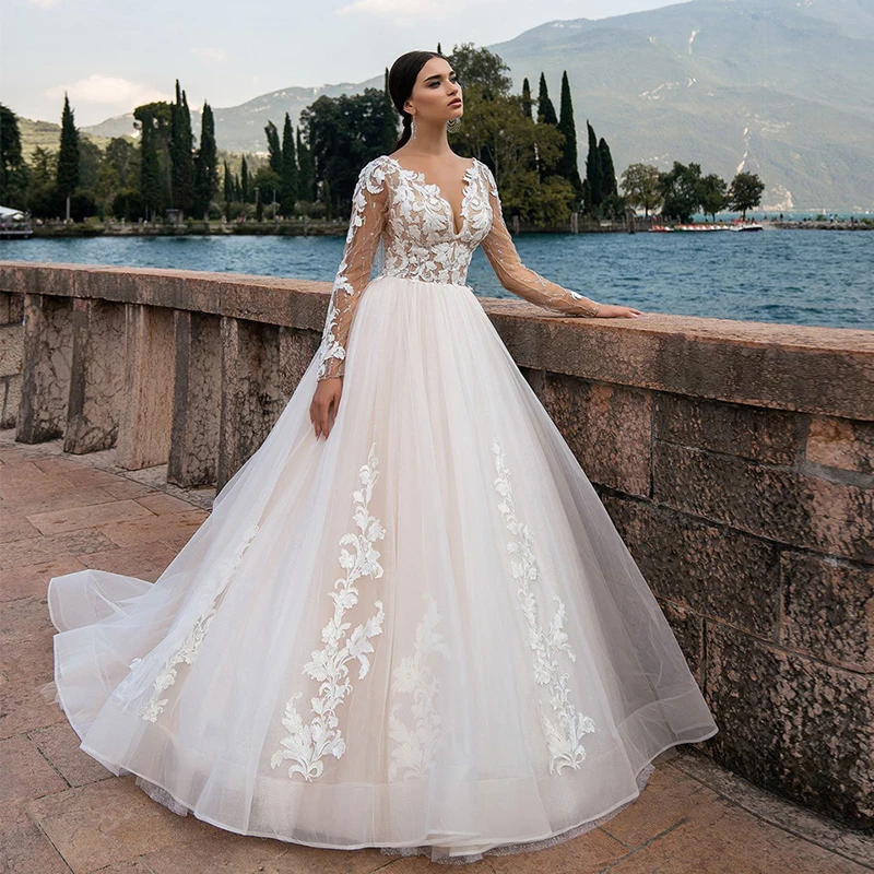 

Arabic Long Sleeves Lace Applique Bridal Dress Sexy Deep V Neck Tassel Tulle Beach Wedding Party Gown Vestidos De Novia A-line