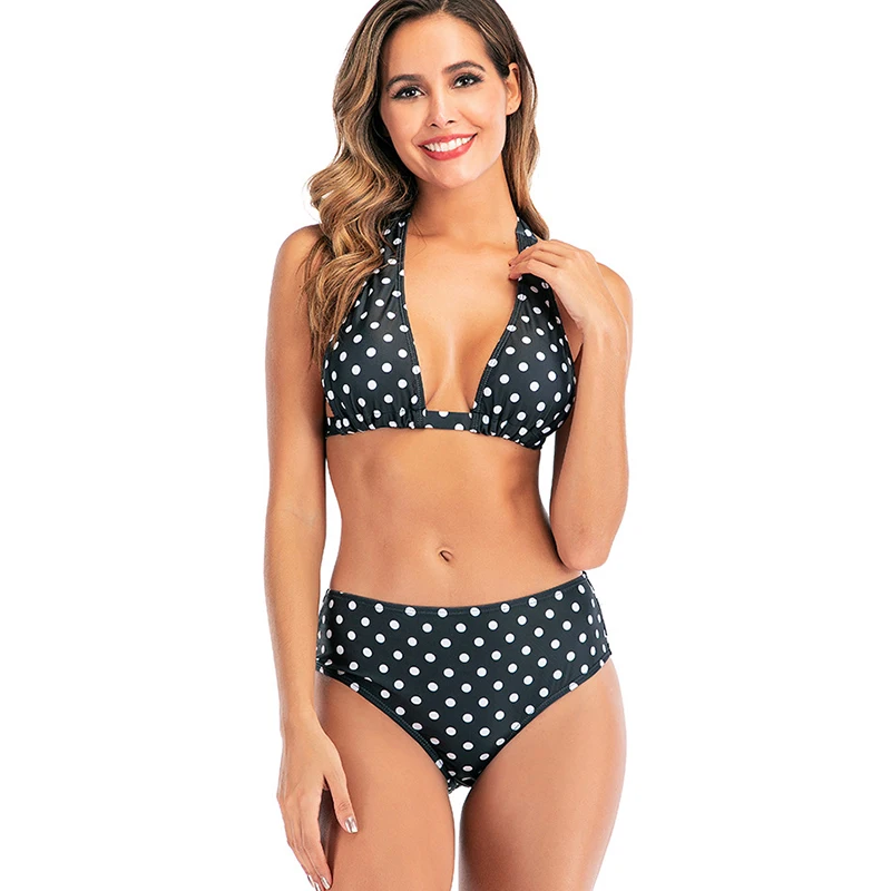 Новый Модный женский купальник с высокой талией зеленым принтом в горошек и