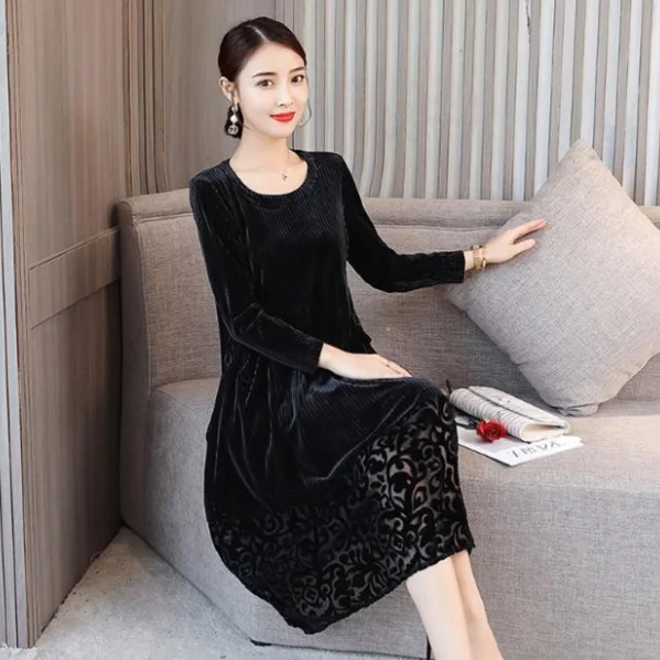 black plus size velvet autumn dress 2022 new long sleeve lace patchwork loose corduroy temperament winter dresses women AQ380 | Женская