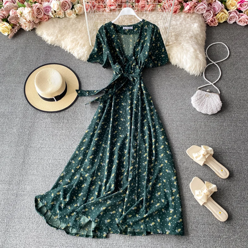 

Платье женское средней длины с оборками, модное элегантное пикантное в стиле бохо, с V-образным вырезом и принтом, одежда с талией, лето-осень...