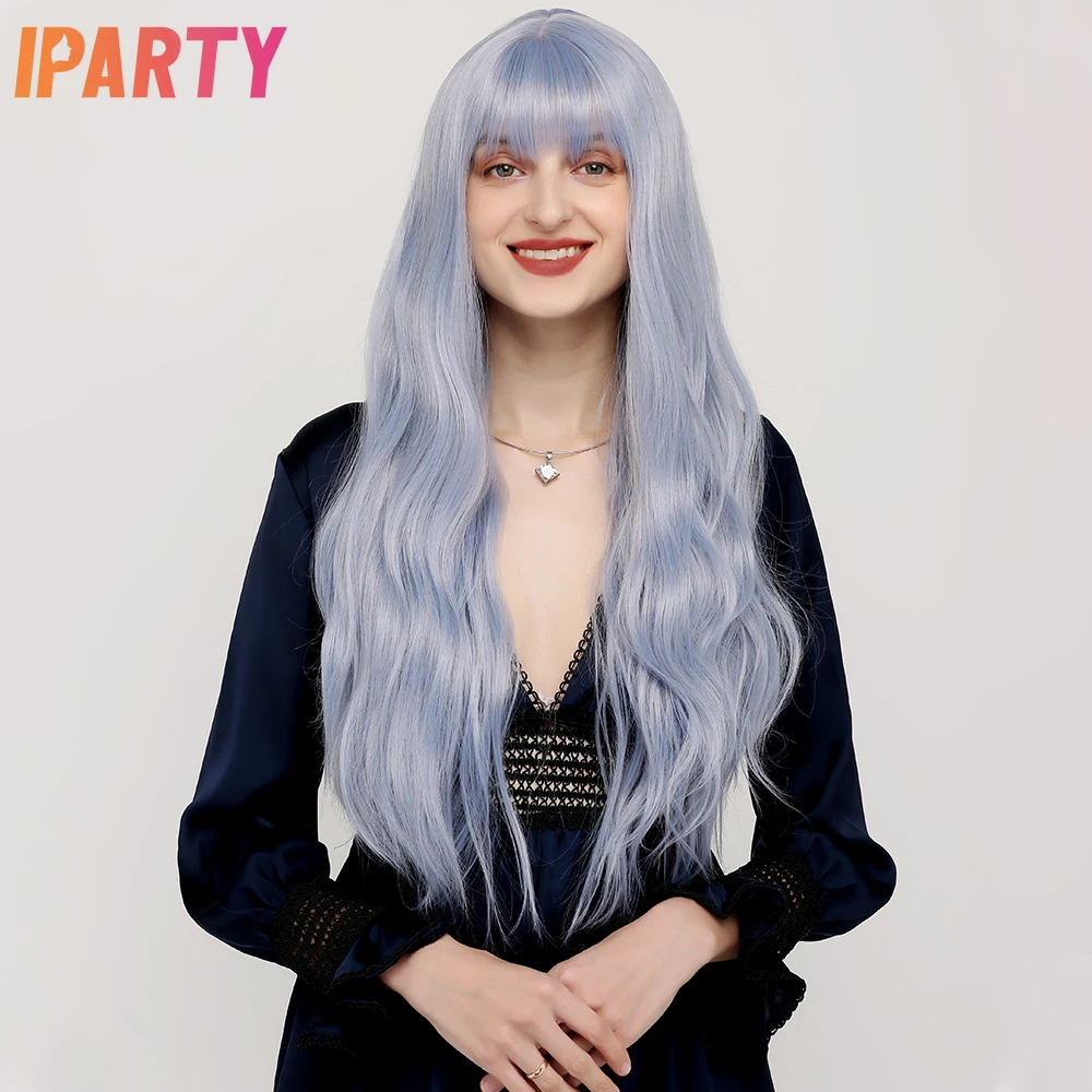 Синтетические длинные синие парики для женщин парик из натуральных волн с челкой