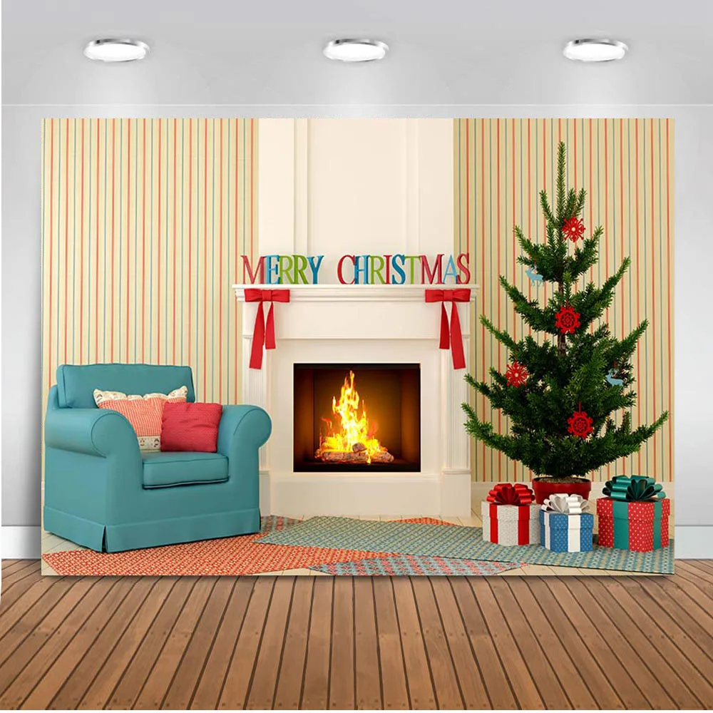 Mocsicka Christmas Backdrops Fireplace Christmas Tree Indoor Newborn Wood Decoration Pattern Custom Background for Photo