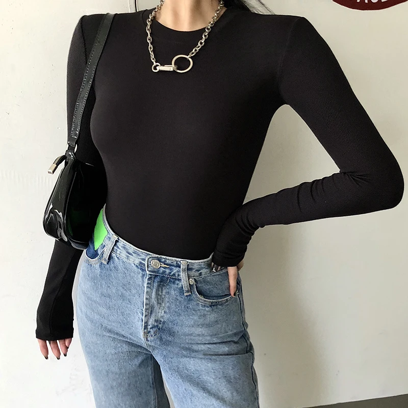 one shoulder bodysuit Solid Ribbed Knit Black Gray Female Bodysuit Turtleneck Top Women Long Sleeve Fall 2020 Winter Bodycon Keep Warm Khaki Body Sexy bodysuit women