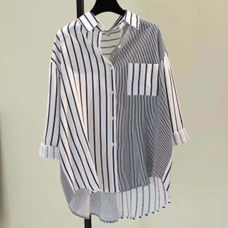 Women Oversize Striped Shirt With Pockets Ladies Fashion Elegant Blouses 2021 Casual Youth Long Sleeve Top Korean Style Clothing