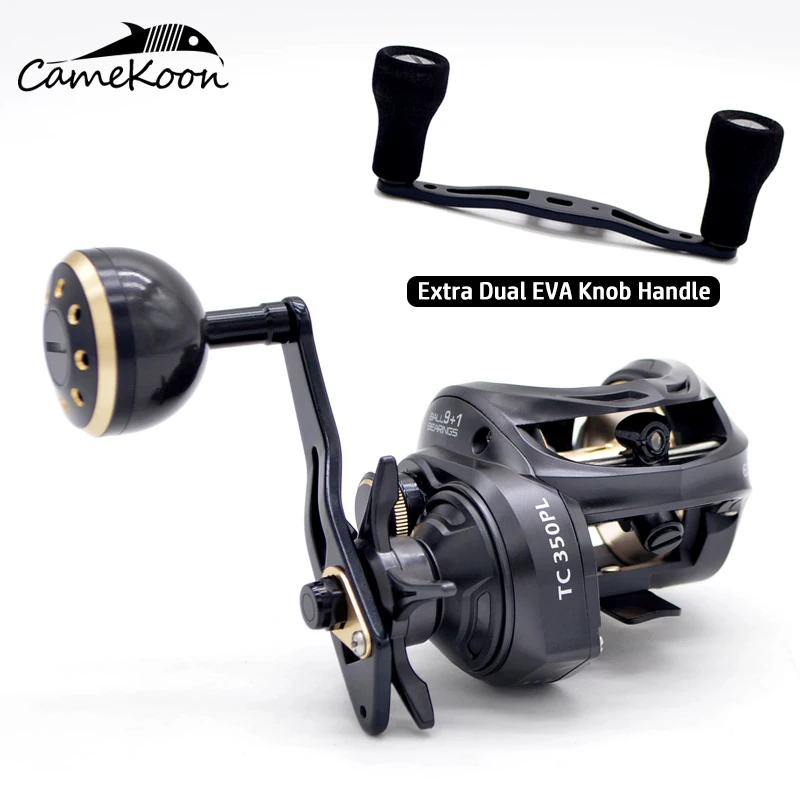 CAMEKOON Size 350 Low Profile Baitcasting Reel with Extra Dual Handle 15KG Drag 9+1 Bearings Carbon Body Saltwater Jigging Coil