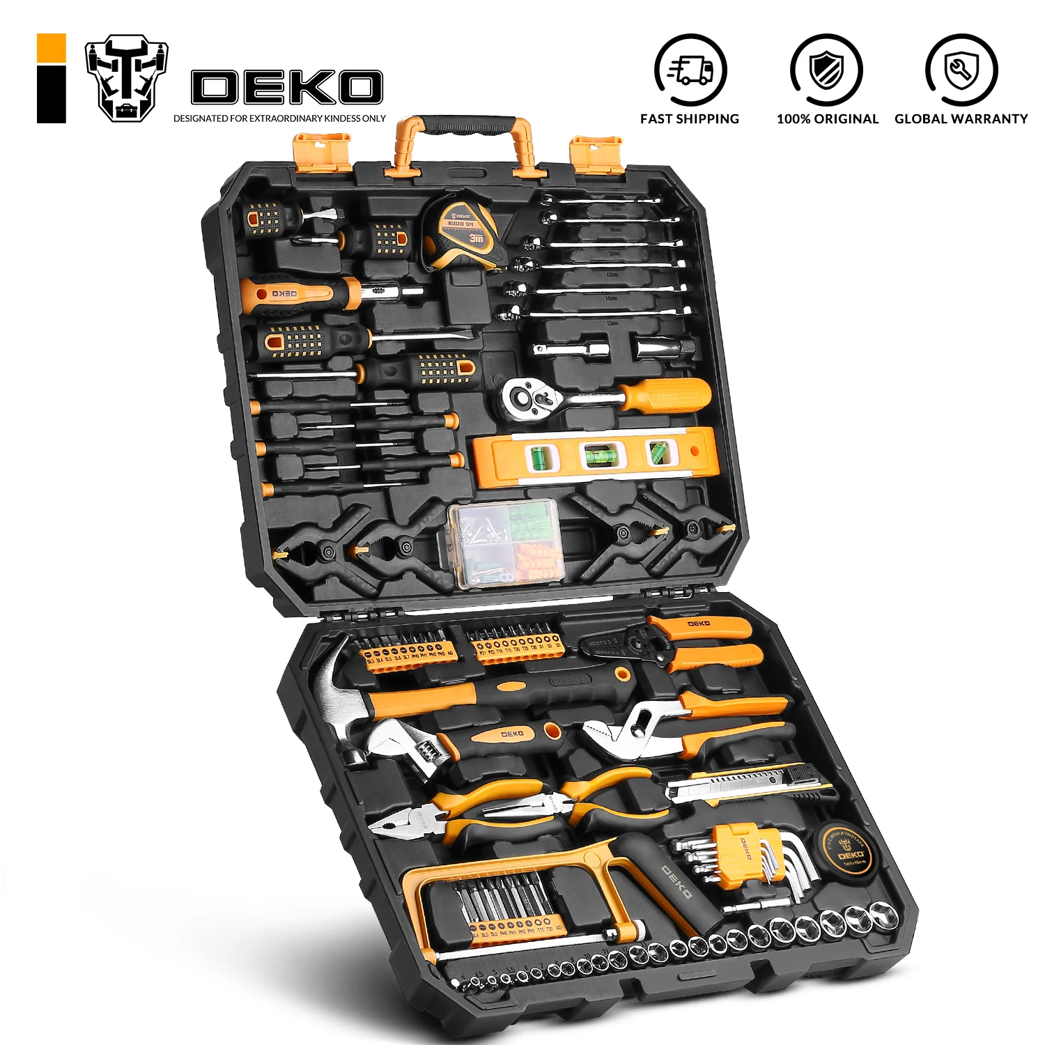 DEKO EDC Hand Tool Set General Household Repair with Plastic Tool box Case Socket Wrench Screwdriver Knife Woodworking tools
