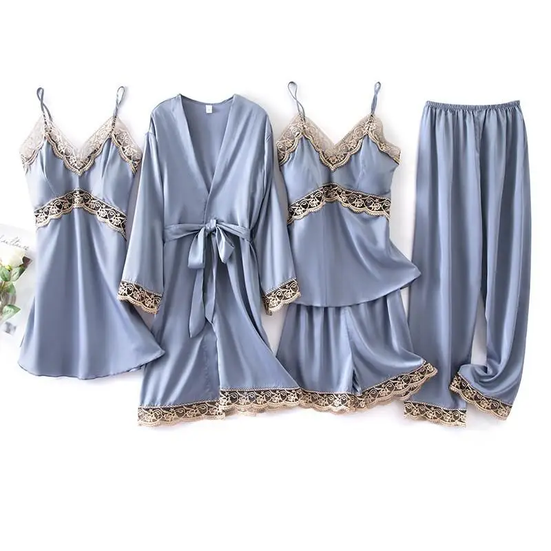 

Sexy 5 Piece Sleep Set Ladies Pyjama Sleepwear Women Pajamas Sets For Women Pijama Mujer Lounge With Chest Pads Home Wear