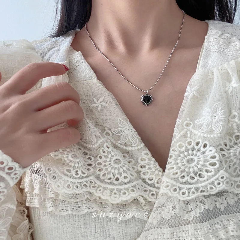 

New Arrival 100% 925 Sterling Silver Fashion Black Love Heart Resin Ladies Pendant Necklace Promotion Gift Never Fade