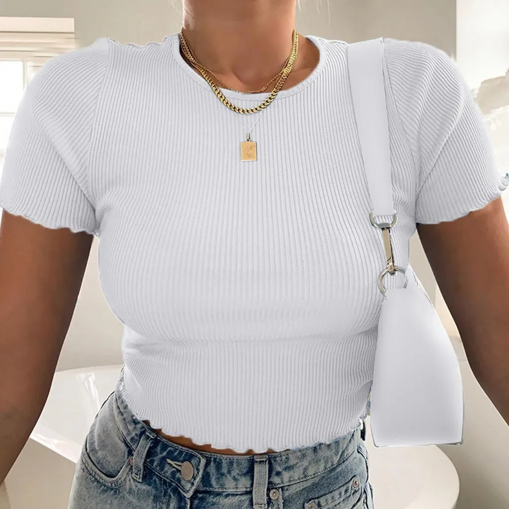 

Knitted Tops Summer Women Short Sleeve Slim Sexy O Neck Tank Tops Cotton Streetwear Basic Casual Crop Tops Women 2021