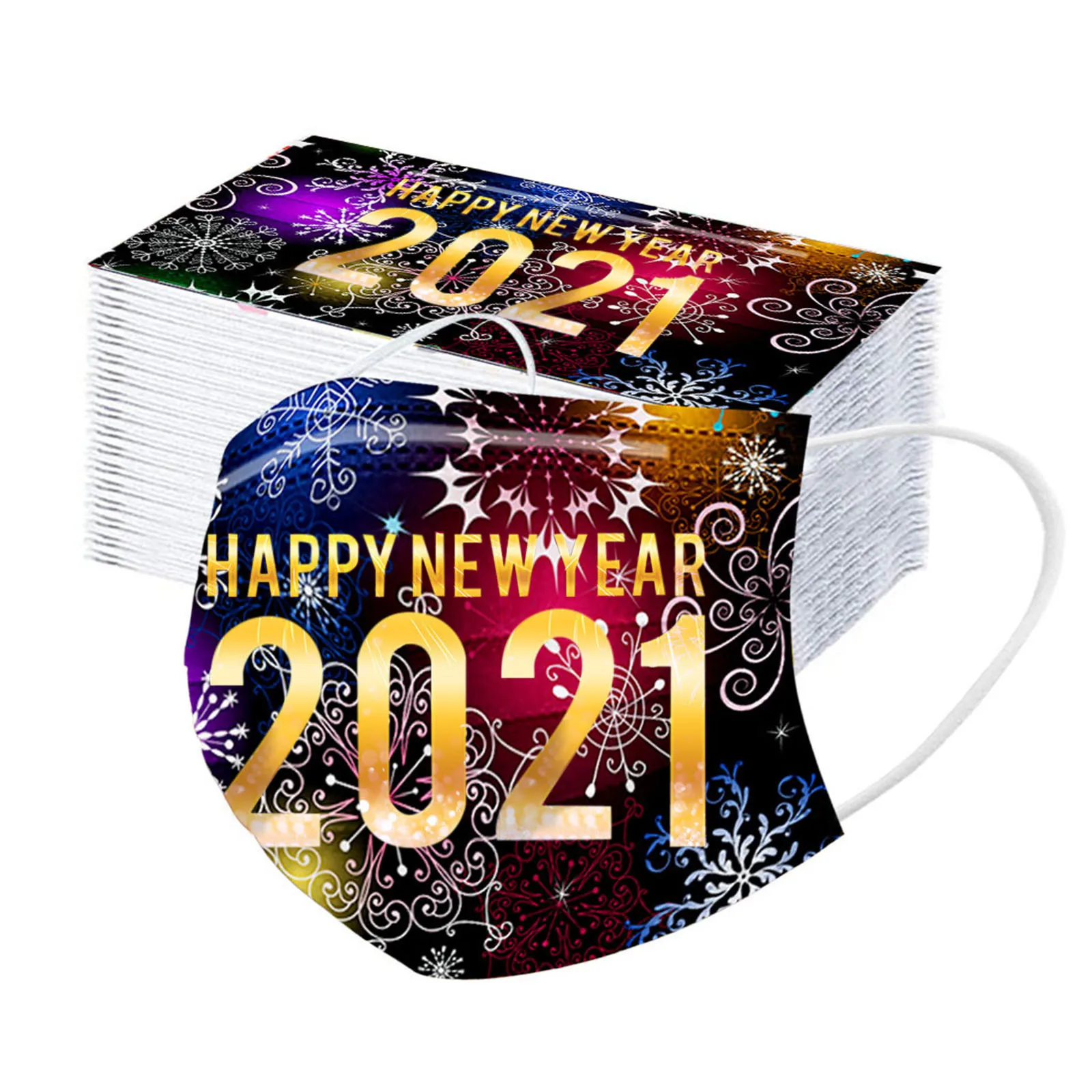 

50pc 2021 Happy New Years Adult Face Mask Disposable Mask 3 Layer Earring Face Mask Breathing Outdoor Mask Mascarillas d5