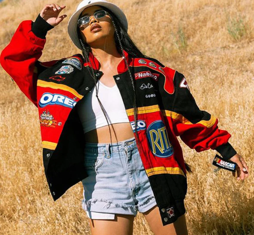

Vintage Jacket Orange Letter Printed Casual Long Sleeve Bomber Jacket Clothes Fall Baseball Coat Oversized Women's Bomber Jacket