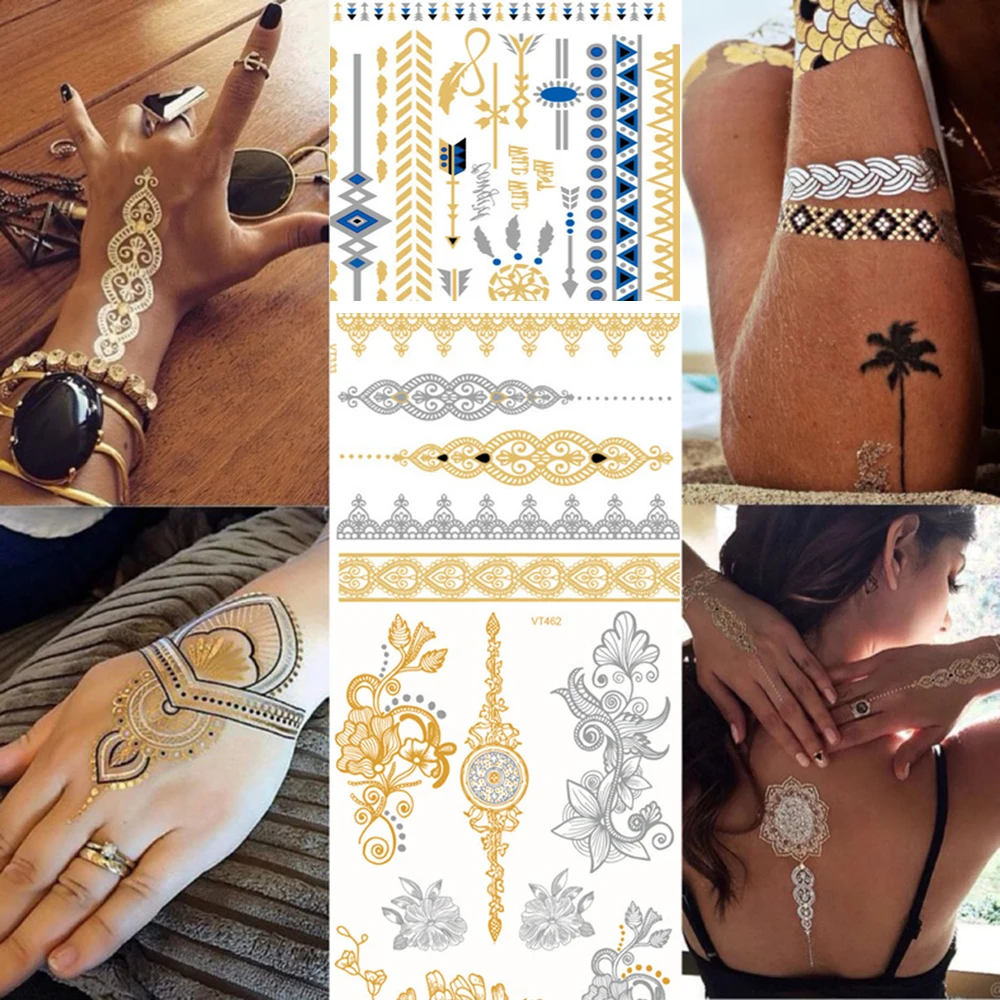 Металлическая вспышка водостойкая Татуировка золото серебро Женская мода хна