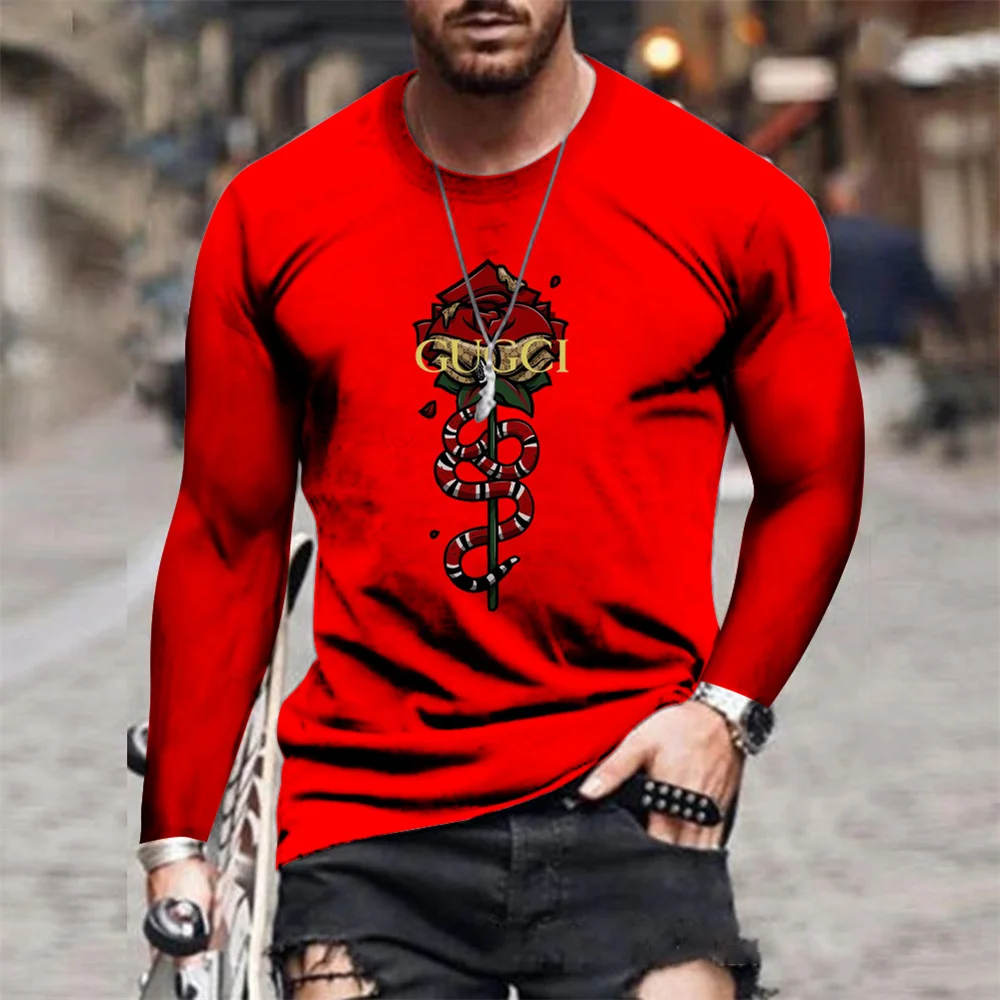 

2021 autumn and winter new men's 3D GU rose printing fashion sweater round neck long sleeve striped casual long sleeve