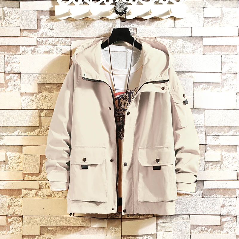 

Spring autumn men's jacket casual hooded bomber jacket men streetwear windbreaker jackets for men ribbons pockets man coat