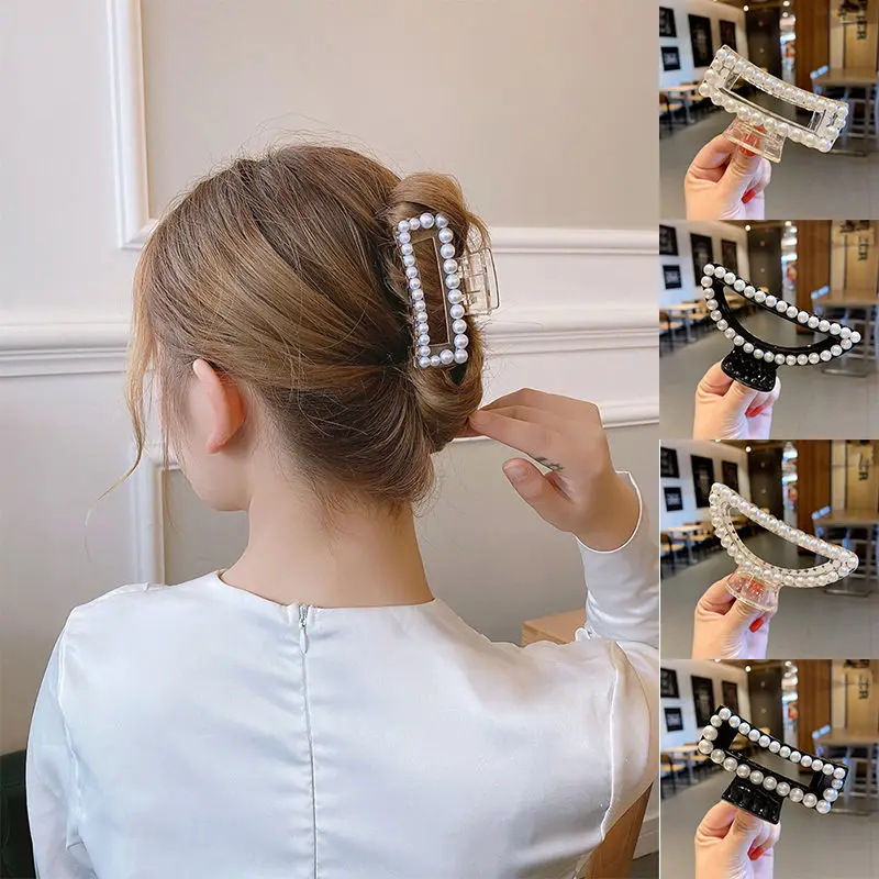 

New Women Elegant Luxury Crystal Pearls Geometric Big Metal Barrettes Hair Claws Sweet Hairpin Headband Fashion Hair Accessories