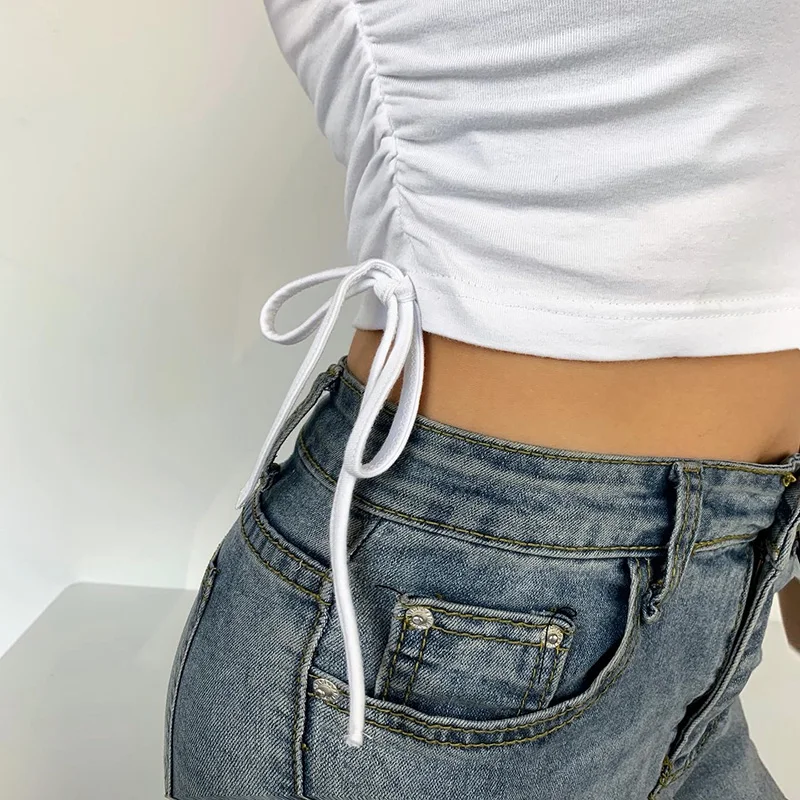 

E-girl Sweet Pink Ruffles Trim Crop Tops Short Sleeve O-neck Tshirt Butterfly Printed Ruched Tops Tee Women Summer White T-shirt