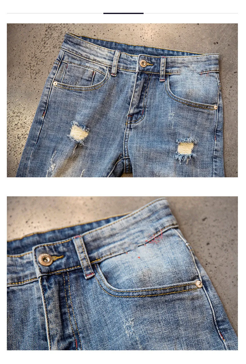 NEW spring autumn skinny strech Casual ripped hole fashion black teenagers hip hop cowboy denim leg jeans men pencil pants