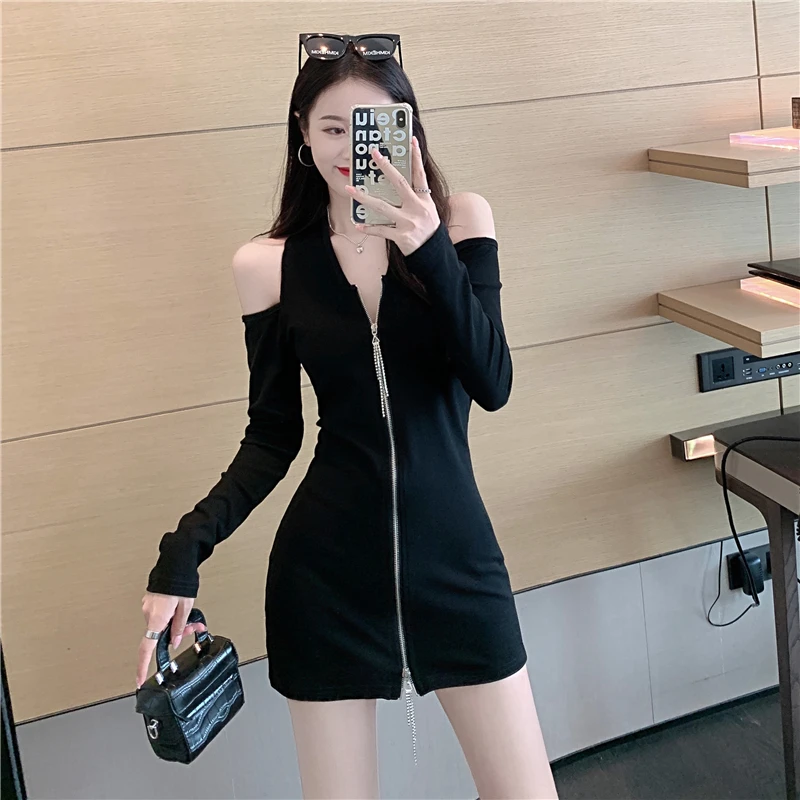 

Ins Aesthetic Clothes Vintage Style Off Shoulder A-LINE Zippers V-Neck Mini Dress Vestido De Mujer Dresses for Women Autumn New