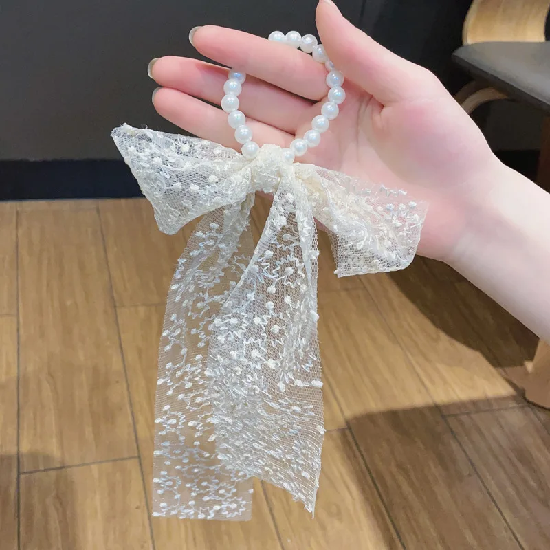 

Women Lace Imitation Pearls Hair Ties Hair Ropes Rubber Band Sweet Elegant Bow Knot Ribbon Fashion Headwear