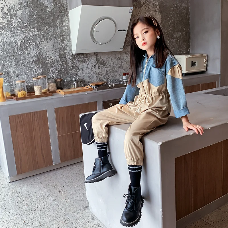 Джинсовые комбинезоны с капюшоном для девочек джинсовые брюки средней и большой