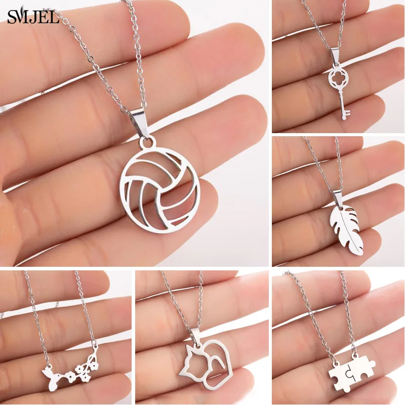 SMJEL Korean Style Stainless Steel Necklace Women Fashion Basketball Puzzle Key Feather Best Friend Choker Gif | Украшения и