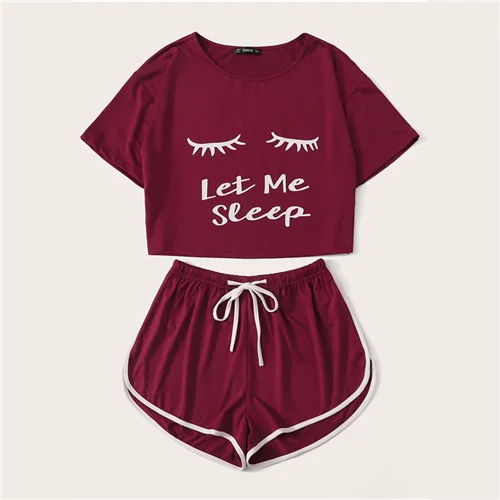 Burgundy Dotfashion, черный топ с надписью и шортами с дельфинами, пижамный комплект, летние повседневные пижамы для женщин, домашняя одежда с коротким рукавом - Цвет: Burgundy