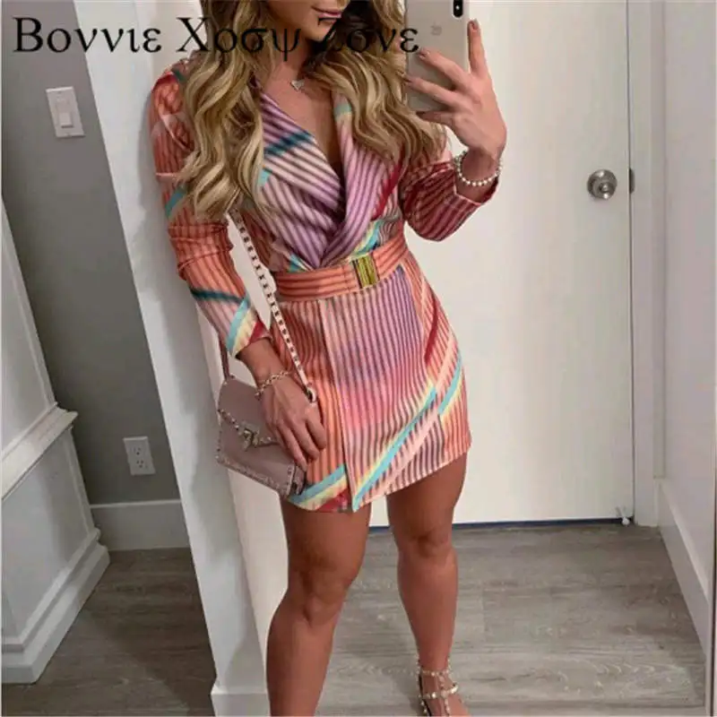 Женское платье-блейзер в цветную полоску с длинным рукавом офисная одежда