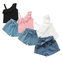 2021 fashion baby girls clothes set toddler kids summer one shoulder ruffle t shirt tops solid denim bow shorts outfit sets 1 6y