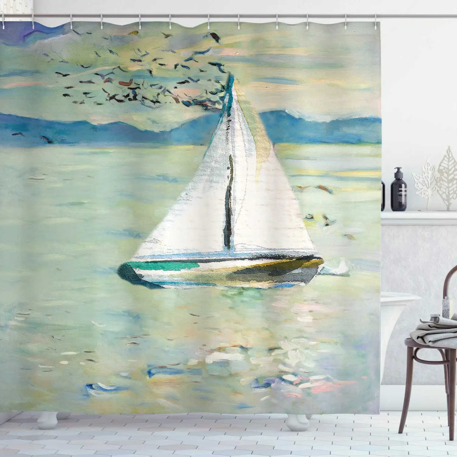 

Art Shower Curtain Sailing Boat Yacht With Birds Watercolor Art Brushstroke Home Polyester Fabric Bathroom Decor Set With Hooks