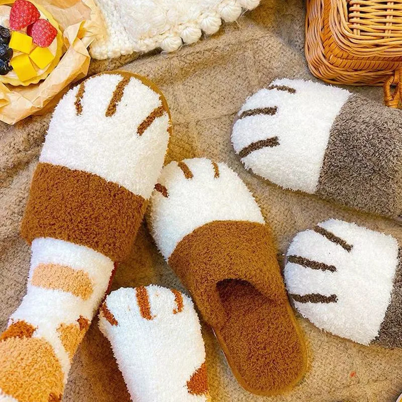 

2021 New Cotton Slippers Female Autumn And Winter Home Cartoon Cute Cat Claw Plush Couple Warm Indoor Soft-soled Slippers Male