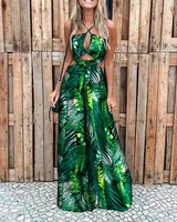 summer holiday wear clothes womens sexy palm leaf print cutout wide leg jumpsuit loungewear halter neck sleeveless outfits