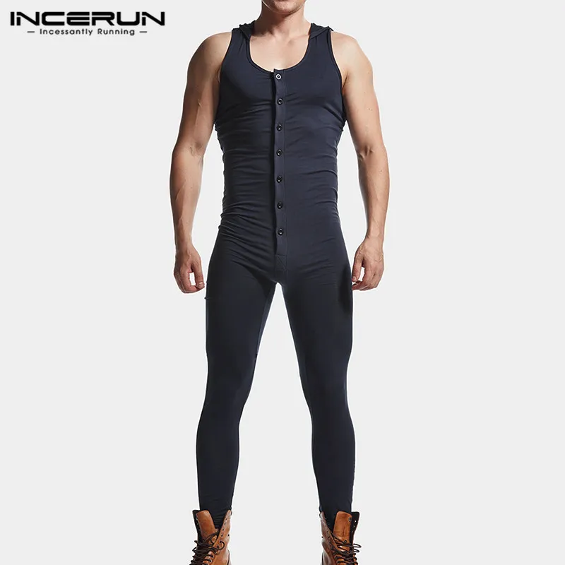 

INCERUN Leisure Solid Bodysuit Jumpsuits Mens Stretch Leotard Sleepwear Tight Tank top Homewear Rompers Men Buttons Onesies 5XL