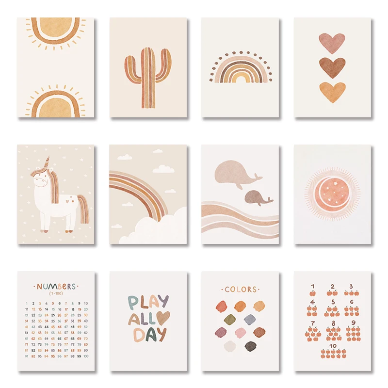 Радуга Алфавит цифра Солнце Луна настенная живопись холст скандинавские постеры